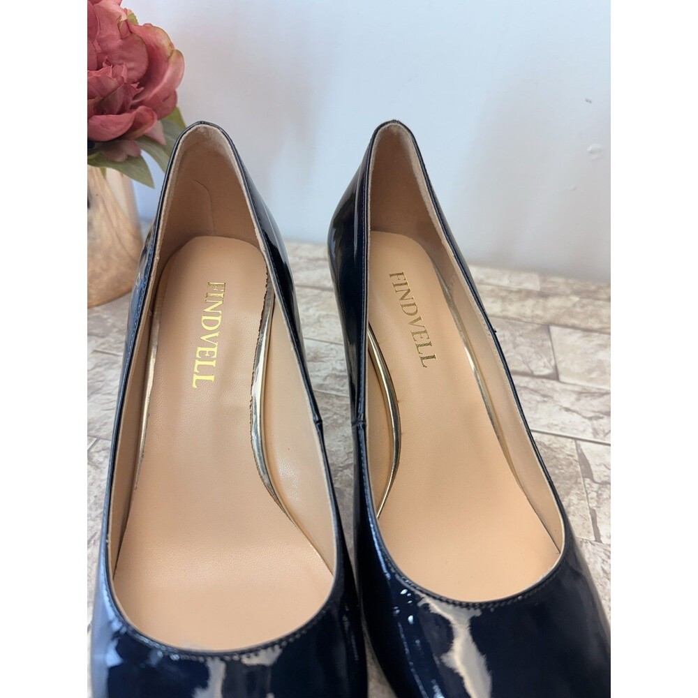 Findvell Heels Womens Size 7 Blue Gold Stiletto Kitten Heel Square Toes - Picture 4 of 13